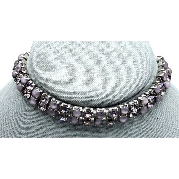 Vintage Rhinestone Choker Necklace Lavender Purple Cats Eye Satin Glass Costume - Picture 2 of 8